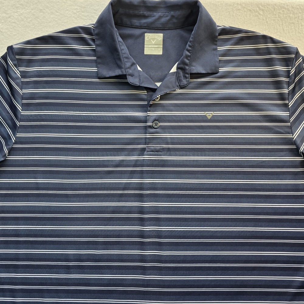 Callaway Golf Polo Shirt Mens L Blue Striped Opti Dri Performance Athletic Short